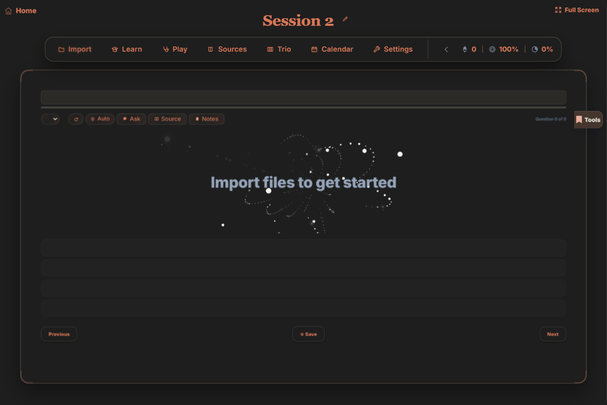 Memora study workspace with Import, Learn, Play, Sources, Trio, Calendar, and Settings controls above an empty quiz state.