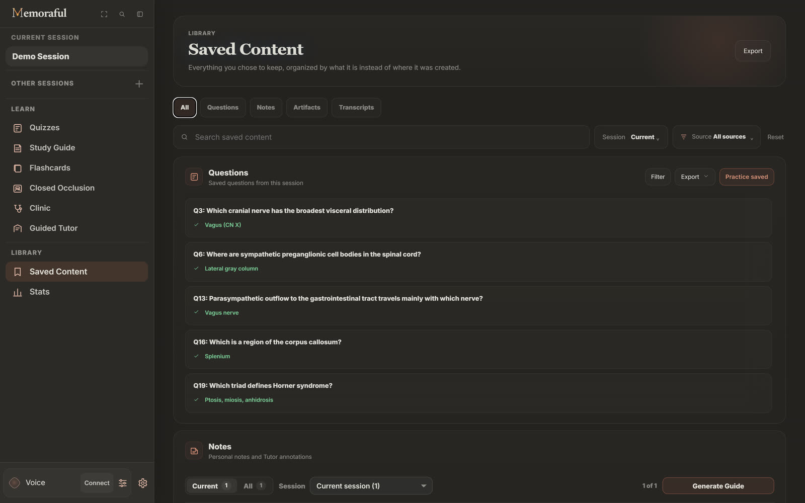 Saved Content with tabs for All, Questions, Notes, Artifacts and Transcripts, a search box, Session and Source filters, and a list of saved questions with their answers and a Practice saved button.