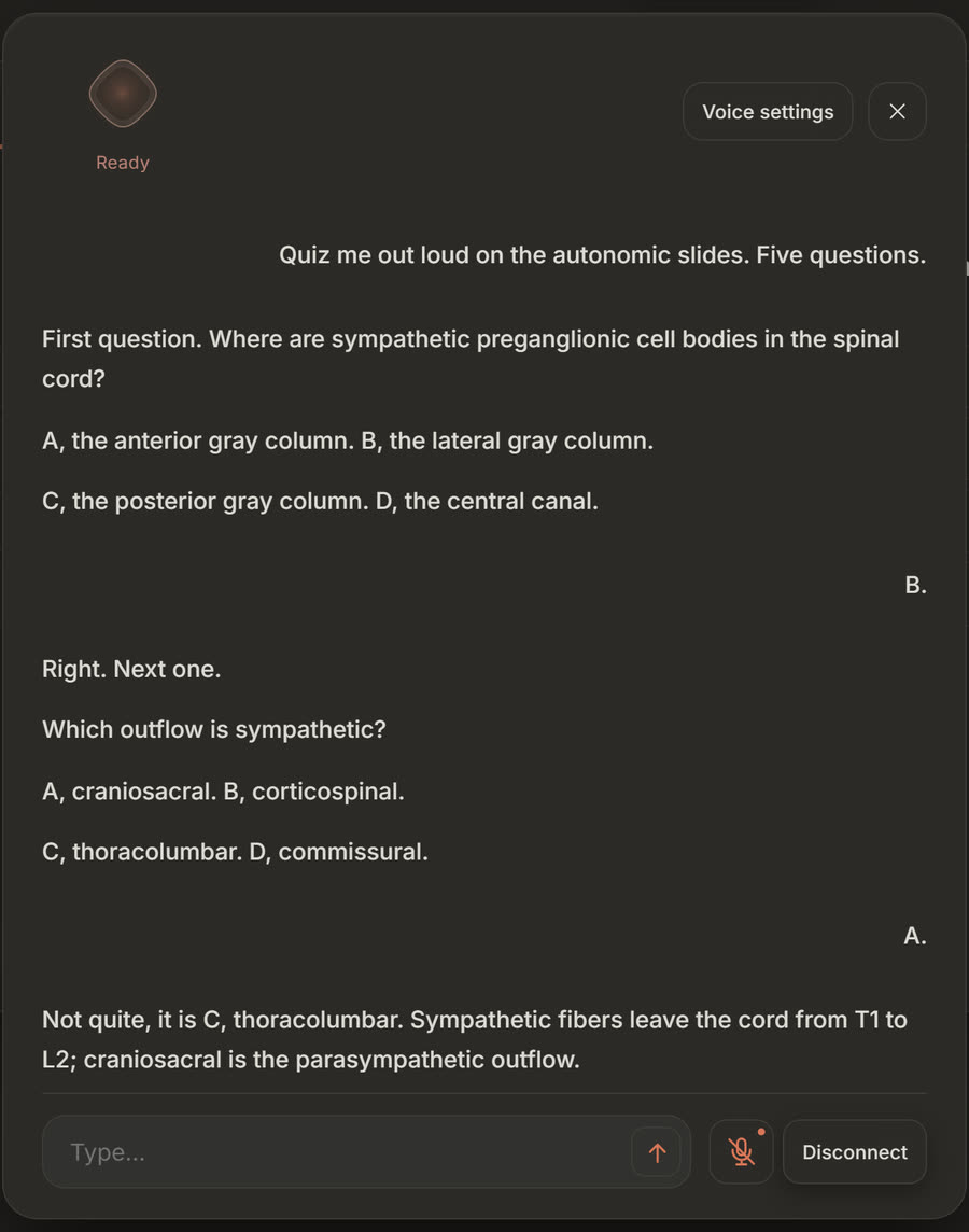 The Voice conversation panel during an oral quiz: the student asks to be quizzed out loud, Voice reads a question with lettered choices, the student answers B, then A, and Voice explains the miss.