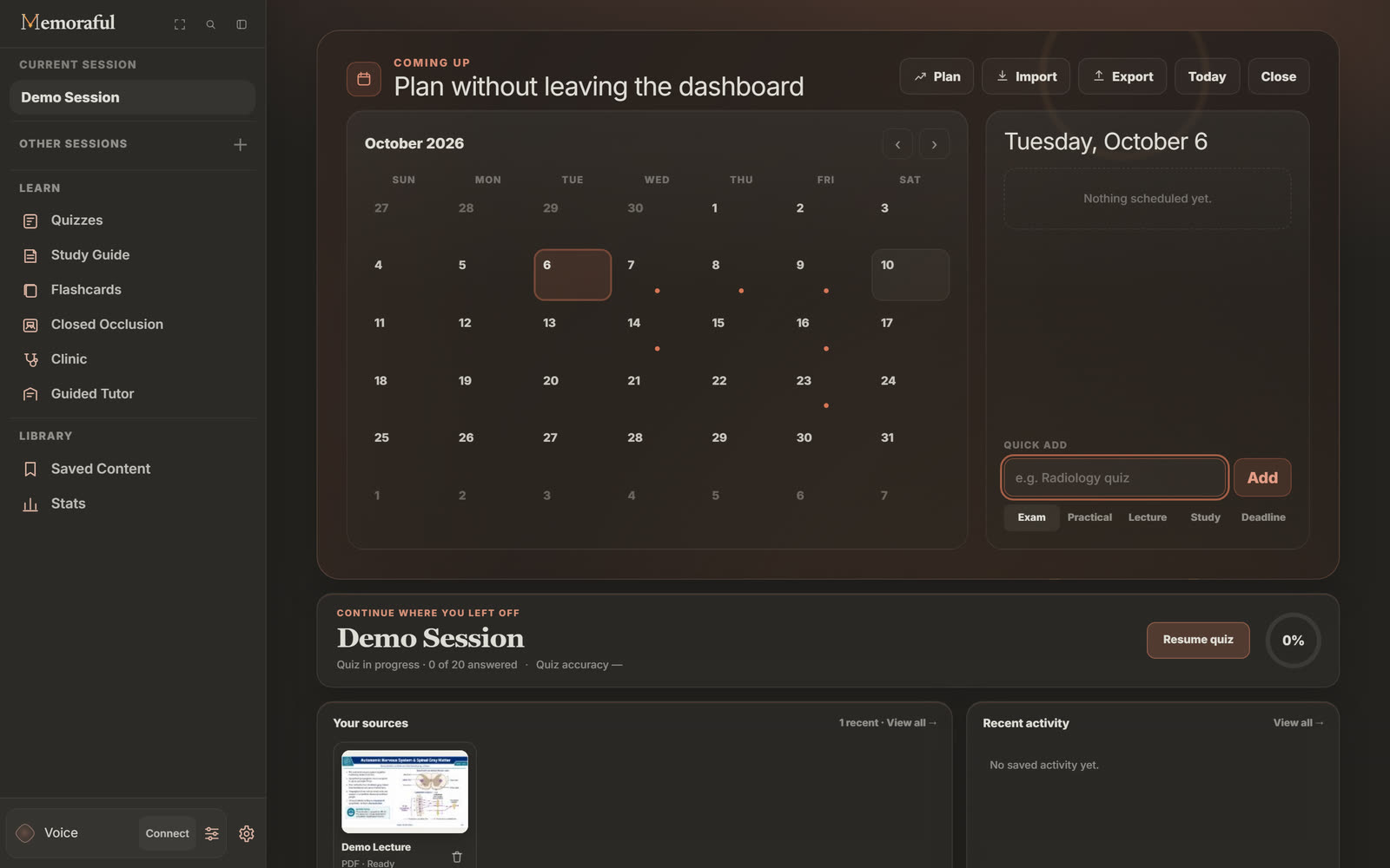 The Dashboard calendar for October 2026 with event dots on the days of a lecture, a review, a problem set, a physiology quiz, an anatomy practical and a neuroanatomy exam, plus Quick add with Exam, Practical, Lecture, Study and Deadline.