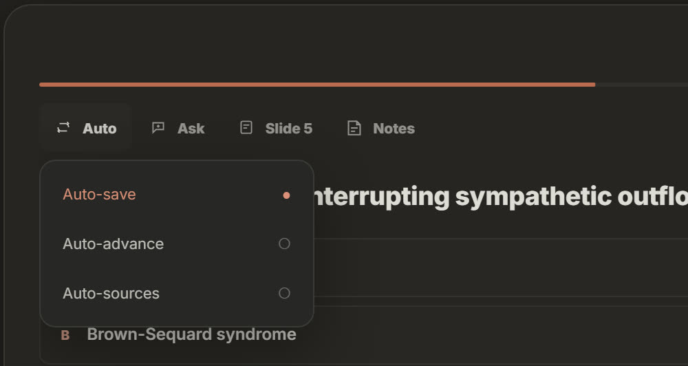 The Auto menu on a quiz question, listing Auto-save (switched on), Auto-advance and Auto-sources.