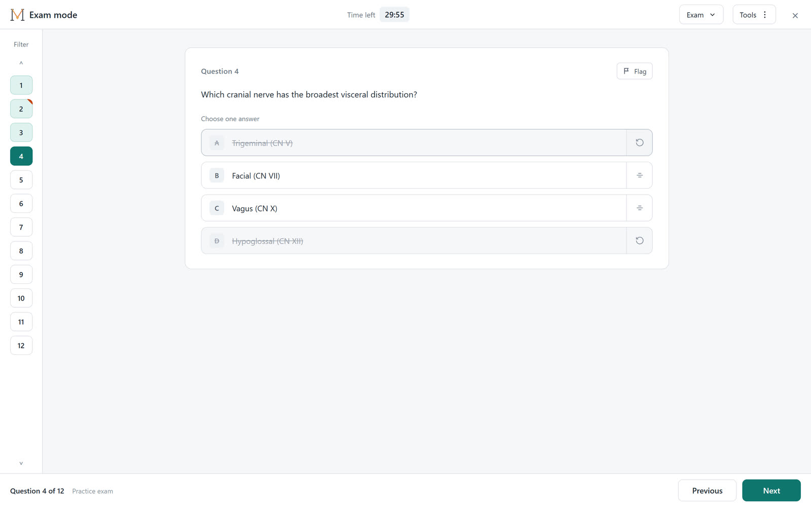 A practice exam in progress: question 4 of 12 with two options struck out, a question navigator showing answered and flagged questions, and 29:55 left on the timer.