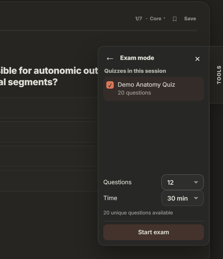 Exam mode setup inside the Tools menu: the session's quiz selected, 12 questions, 30 minutes, 20 unique questions available and a Start exam button.
