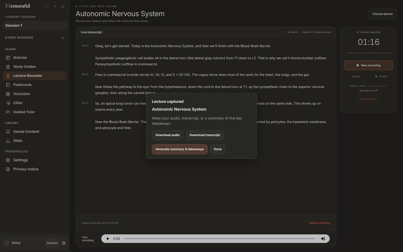 The Lecture captured window for Autonomic Nervous System with Download audio, Download transcript, Generate summary and takeaways, and Done.